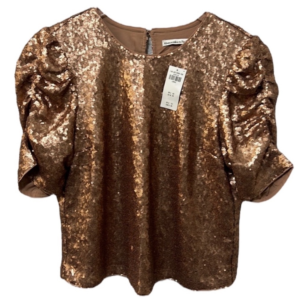 Abercrombie & Fitch Gold Sequin Ruched Puff Sleeve Top NWT Size L